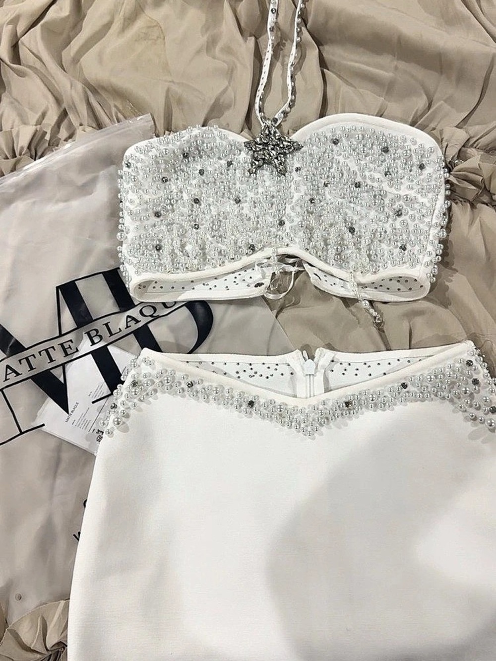 Matte Blaque Malibu Crystal Pearl Set White Crystal Pearl Skirt Set